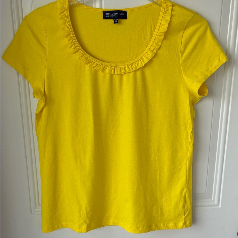 Jones New York Bright Yellow Ruffle Scoop Neck Tee